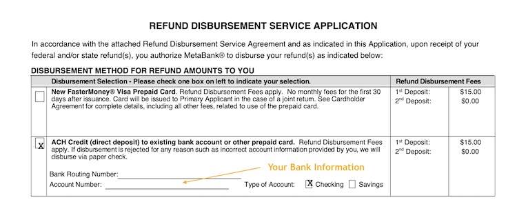 Refund Disbursement Service Application page - eFile Screenshot