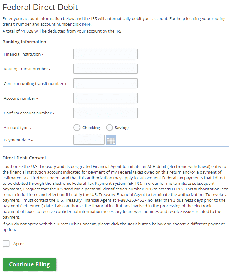 Enter Direct Debit Information for Taxes Owed