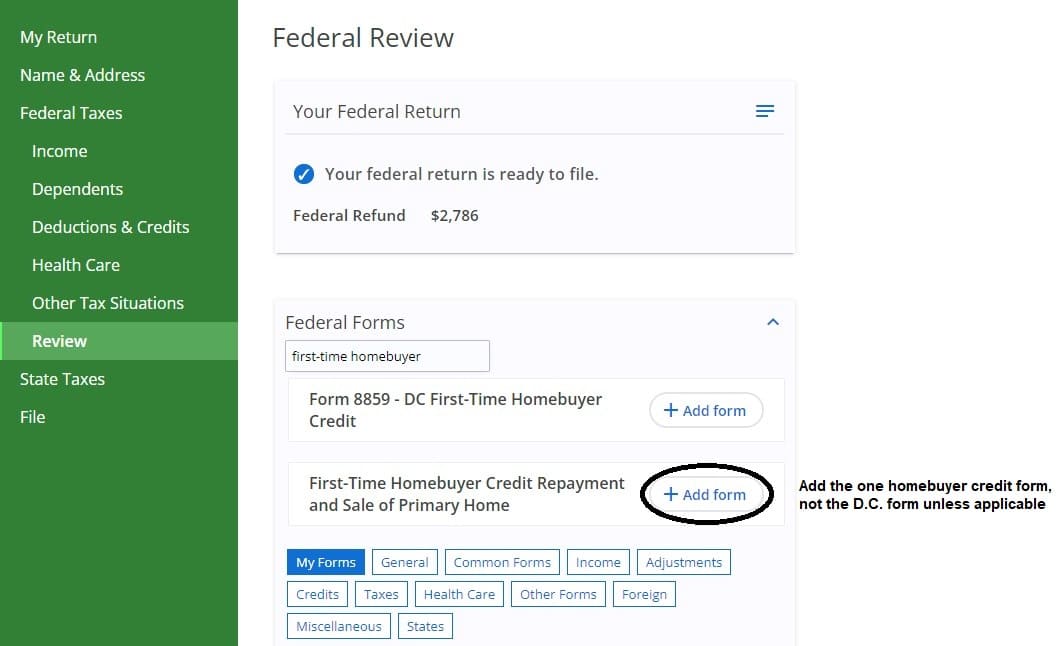 First-Time Homebuyer Credit - eFile Screenshot